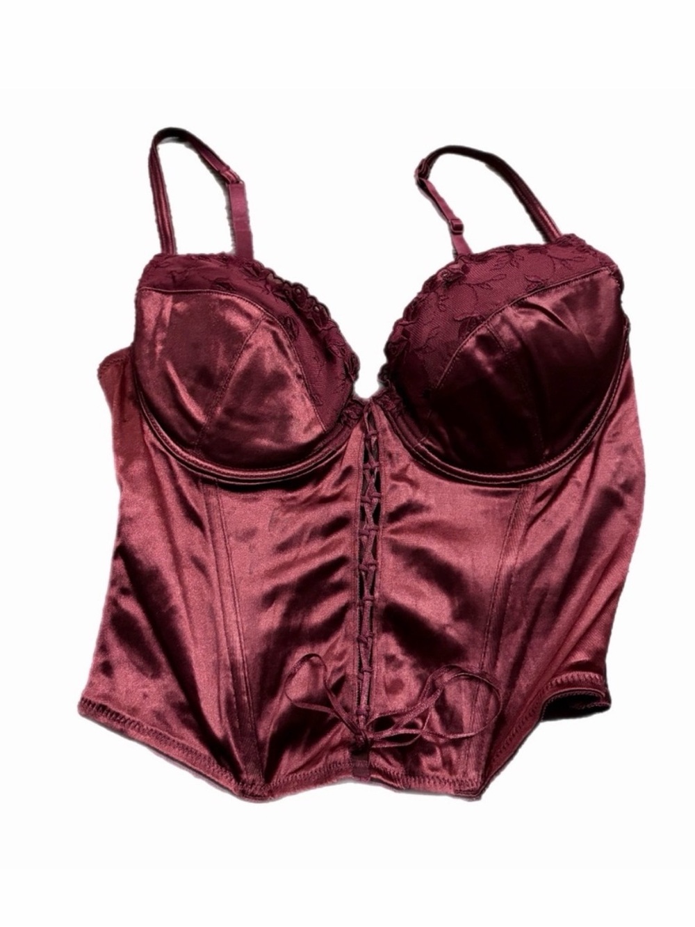 90s Y2K European Vintage Satin Embroidered Corset Bustier Top Burgundy/Wine 34C